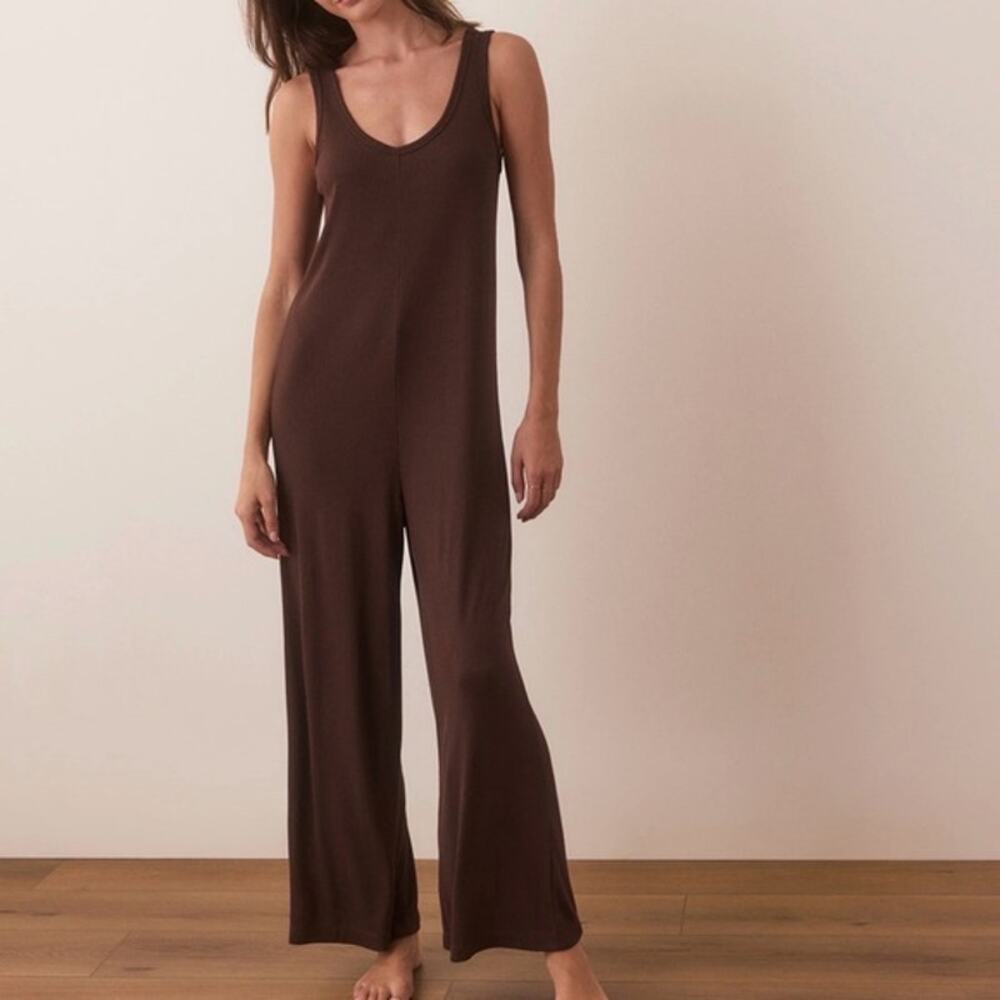 Marine Layer Lexi Ribbed Wide Leg Slouchy Jumpsuit Chocolate Brown Small